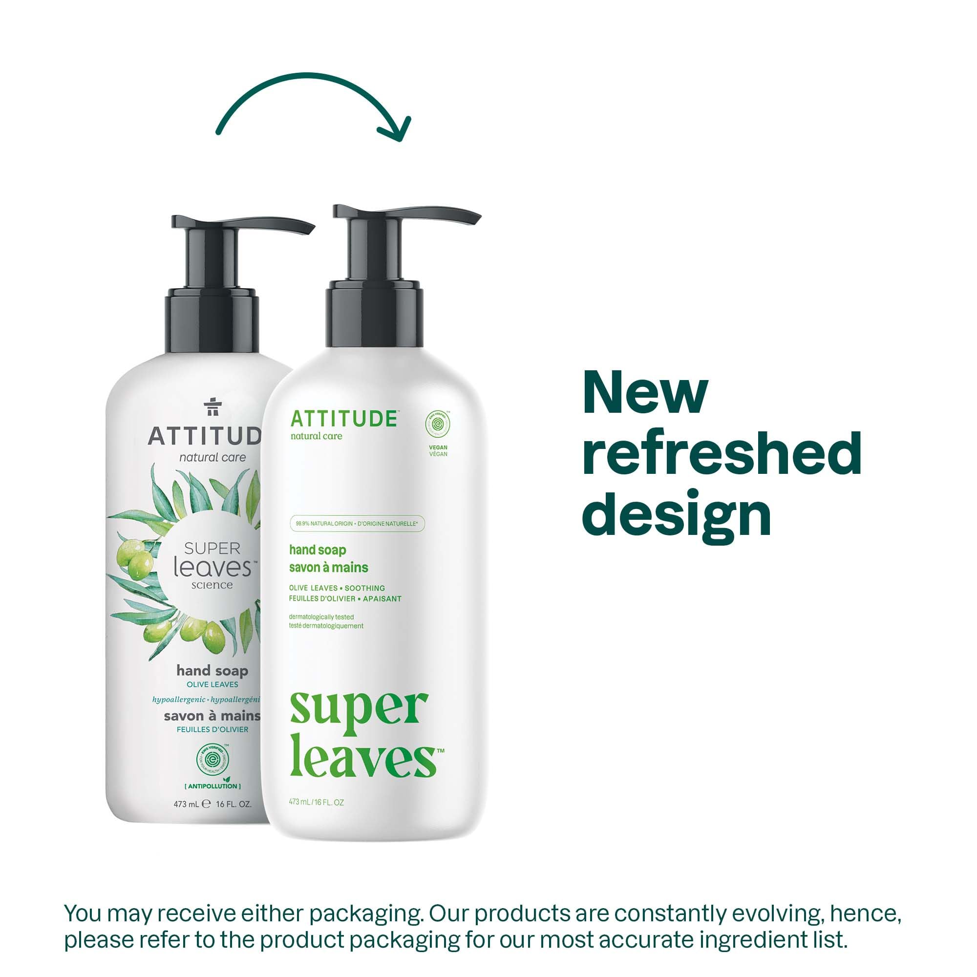 Natural Hand Soap by ATTITUDE: EWG VERIFIED Hand Soap, Hypoallergenic, Dermatologist Tested & Vegan | Super leaves Hand Soap - Olive Leaves (16 oz)